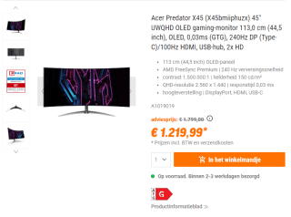 Acer Predator X45 45" curved gaming monitor voor €1219,99
