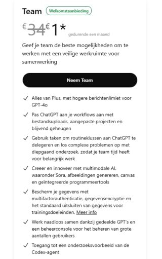 1 maand ChatGPT Team Plan voor €1