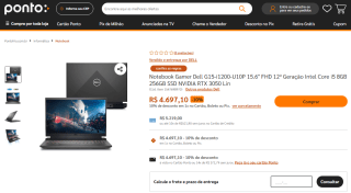 Notebook Gamer da Dell, modelo G15-i1200-U10P - R$ 4.697