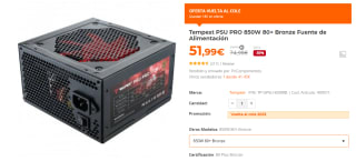Fuente de Alimentación Tempest PSU PRO 850W 80+ Bronze por 51.99€