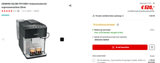 Siemens EQ500 TP515R01 Classic Volautomatische koffiemachine met bonen voor €520 bij de Mediamarkt