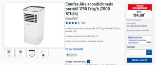 Comfee Aire acondicionado portátil 1750 Frig/h (7000 BTU/h) por 114,99€