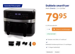 Emerio dubbele smartfryer 2x3,6 liter voor 79,95 euro