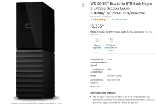 Disco Duro Externo Western Digital de 8 TB por $3,366 en Amazon