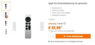 Apple Siri Remote (3e gen) voor €55,99 bij NBB