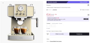 Cecotec Cafetera Express Power Espresso 20 Tradizionale Light Yellow. 1350 W, Espresso y Cappucicno, 20 Bares y Thermoblock, Vaporizador, Manómetro, Diseño Vintage, Capacidad 1,5 Litros por 67.15€ (Cuenta Nueva 55.15€)