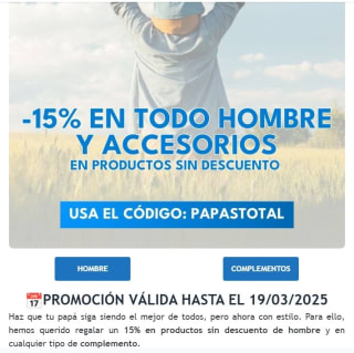 15% en productos sin descuento de hombre y en cualquier tipo de complemento