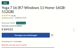 LenovoYoga 7 16 (R7-Windows 11 Home-16GB-512GB) voor €849,01 bij Lenovo