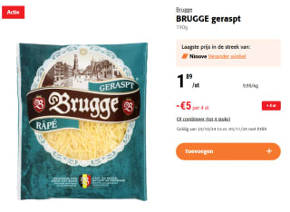 Brugge geraspte kaas 190g voor maar €0,64 per pakje