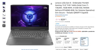 Lenovo LOQ Gen 8 Portátil Gaming 15.6" FHD 144Hz Intel Core i7-13620H, 16GB RAM, 512GB SSD, NVIDIA GeForce RTX4060-8GB por 929€