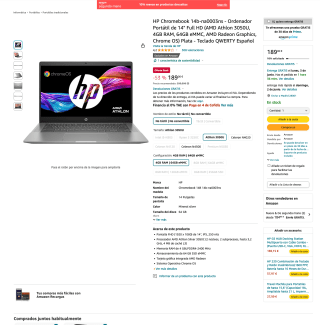HP Chromebook 14b-na0003ns Full HD AMD Athlon 3050U 4GB 64GB eMMC AMD Radeon Graphics Chrome OS por 189€