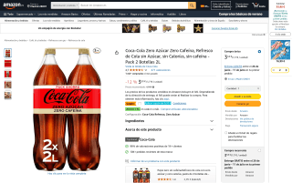 Coca-Cola Zero Azúcar Zero Cafeína Pack 2 Botellas 2L por 3,20€