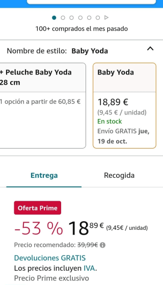 Star Wars The Mandalorian Peluche 28 cm Baby Yoda por 18,89€.