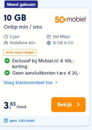 20GB + onbeperkt bellen/sms zonder aansluitkosten voor €5,83 per maand bij Mobiel.nl