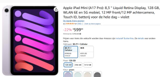 Apple iPad mini 8,3" Wi-Fi + mobiel 128 GB (paars) 7e Gen 2024 voor €599 bij Amazon