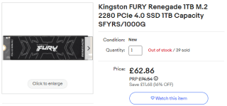 Shop Kingston FURY Renegade 1TB M.2 2280 DRAM PCIe 4.0 SSD sold at eBay for £55.91