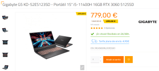 Ordenador Portátil gaming Gigabyte G5 KD-52ES123SD con Intel Core i5-11400H de 16GB/512GB SSD por 779€