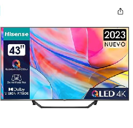 Televisor 43" QLED Hisense 43A7KQ - 4K, Smart TV, HDR10+, Dolby Vision/Atmos, Modo Juego, Smooth Motion por 359.5€