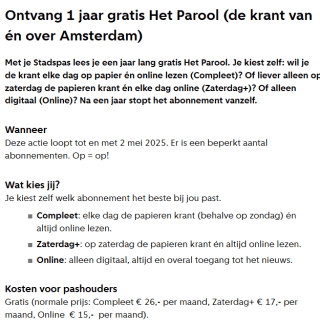 1 jaar gratis Het Parool met de Stadspas van Amsterdam