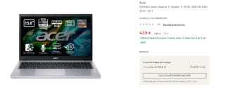 Ordenador Portátil Acer Aspire 3, Ryzen 3, 8GB, 256GB SSD, 15.6", W11 por 429€