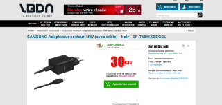 Chargeur Secteur Samsung T4511 Ultra Rapide 45W - Cable USB C1.8m (Via 20€ d'ODR) à 30,35€