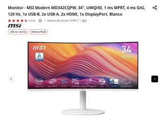 Monitor MSI Modern MD342CQPW 34" 1500R UWQHD (3440x1440) 120Hz por solo 249€