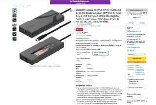 SABRENT Carcasa SSD M.2 NVMe y SATA USB 3.2 HUB C Docking Station por solo 59,99€€