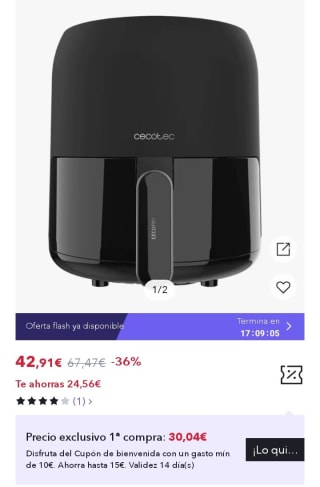 Cecofry Fantastik Inox 4000 Freidora de aire sin aceite / Airfryer digital de 1400 W, 4 L por 30,04€.