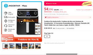 Aigostar Freidora Sin Aceite de 8L,12 Funciones 1700 W por 50,77€