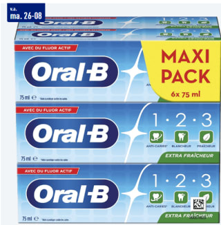6-pack ORAL-B 1-2-3 tandpasta voor €4,99 bij de Aldi