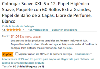 Colhogar Suave XXL 5 x 12, Papel Higiénico Suave, Paquete con 60 Rollos Extra Grandes por 20,67€
