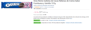 10 Paquetes de Galletas de chocolate rellenas de crema vainilla y frambuesa Remix Oreo 157 g. por 8.95€