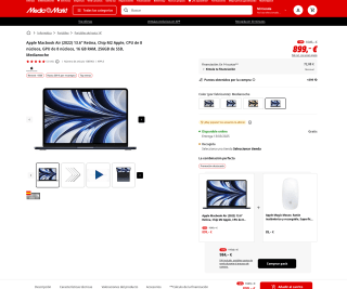 Apple Macbook Air 2022 13.6" Retina Chip M2 Apple CPU de 8 núcleos GPU 8 núcleos 16 GB RAM 256GB de SSD por solo 899€