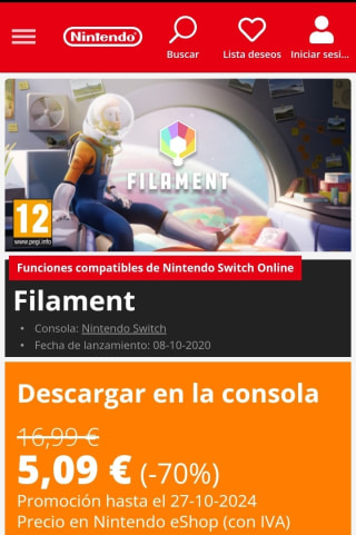 Filament Nintendo Switch por 5,09€.