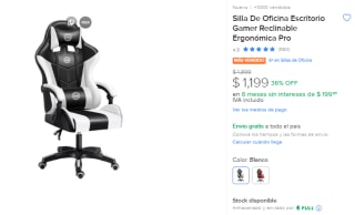 Silla de Oficina Escritorio Gamer Pro por $1,199 en Mercado Libre