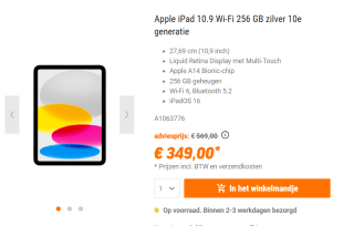 Apple iPad (2024, geen usb-lader) Wi-Fi 256GB Zilver voor €349 bij Proshop