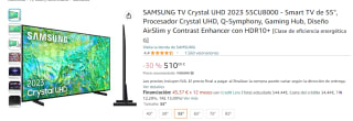 Televisión LED 55 pulgadas Samsung TU55CU8000KXXC, Diseño AirSlim, Crystal UHD 4K por 510€