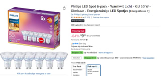 Philips energiezuinige LED Spot - 50 W - GU10 - warmwit licht - 6 stuks voor €9,99 met Amazon Prime
