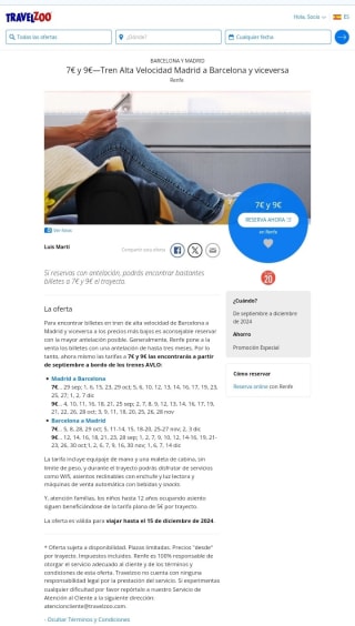 7€/9€ Tren Alta velocidad Madrid-Barcelona.