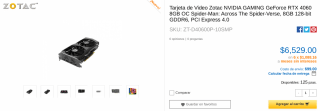 Zotac NVIDIA GeForce RTX 4060 8GB OC por $6,529 en CyberPuerta