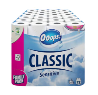 72 rollen Ooops Toiletpapier Classic Sensitive 3-laags nu €20 bij Plein