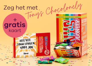 Gratis kaart bij alle chocolade van Tony's Chocolonely bij Greetz