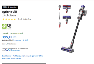 Aspirateur balai sans fil Dyson V10 Total Clean à 399€