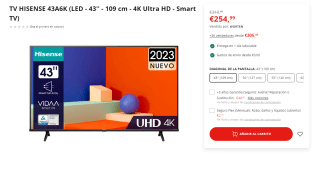Televisor HISENSE 43A6K (LED - 43'' - 109 cm - 4K Ultra HD - Smart TV) por 254.99€