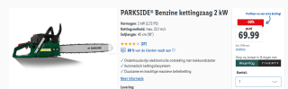 PARKSIDE Benzine Kettingzaag 2kw (2,72 PS) voor €69,99 in de Lidl webshop