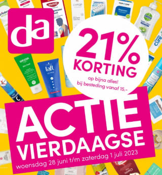 21% korting op bijna alles bij besteding vanaf 15.- bij DA