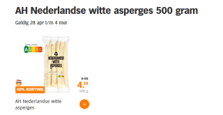 Nederlandse witte asperges 500 gram voor €4,19 bij de AH