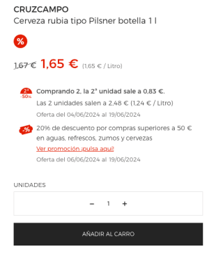 42 Botellas Cruzcampo Tipo Pilsen de 1 Litro por solo 41,66€