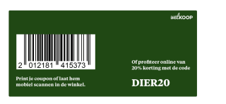 Welkoop kortingscode voor 20% korting op 1 diervoedingsartikel naar keuze