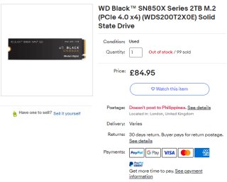 Keep a WD Black SN850X 2TB SSD sold at eBay for £84.85